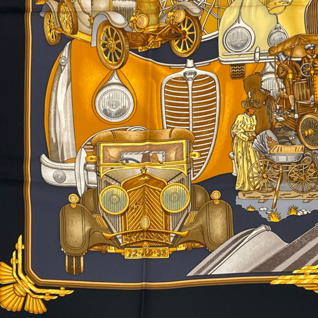 Hermes Carre 90 Automobile Black Gold Scarf Silk