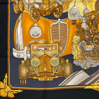 Hermes Carre 90 Automobile Black Gold Scarf Silk