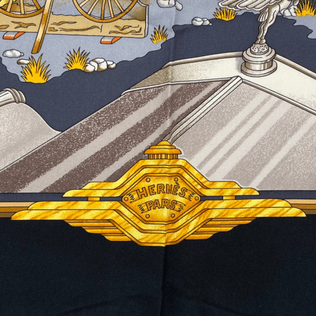 Hermes Carre 90 Automobile Black Gold Scarf Silk