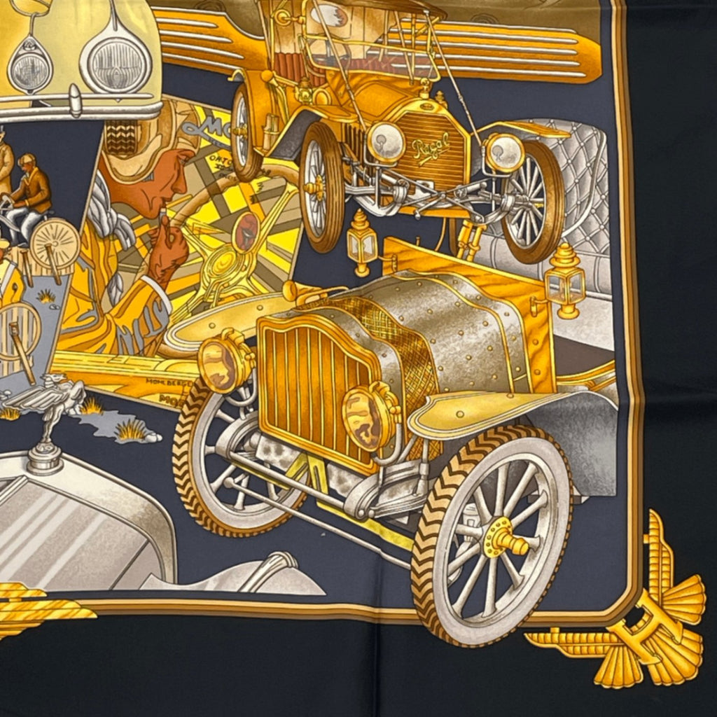Hermes Carre 90 Automobile Black Gold Scarf Silk