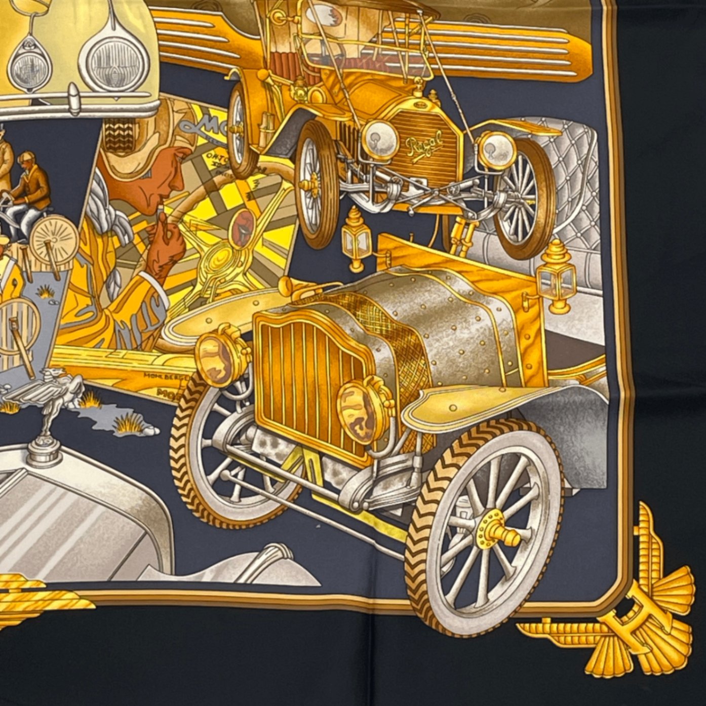 Hermes Carre 90 Automobile Black Gold Scarf Silk