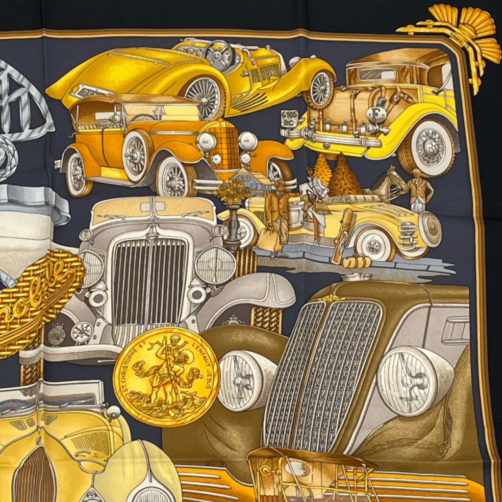 Hermes Carre 90 Automobile Black Gold Scarf Silk