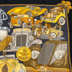 Hermes Carre 90 Automobile Black Gold Scarf Silk