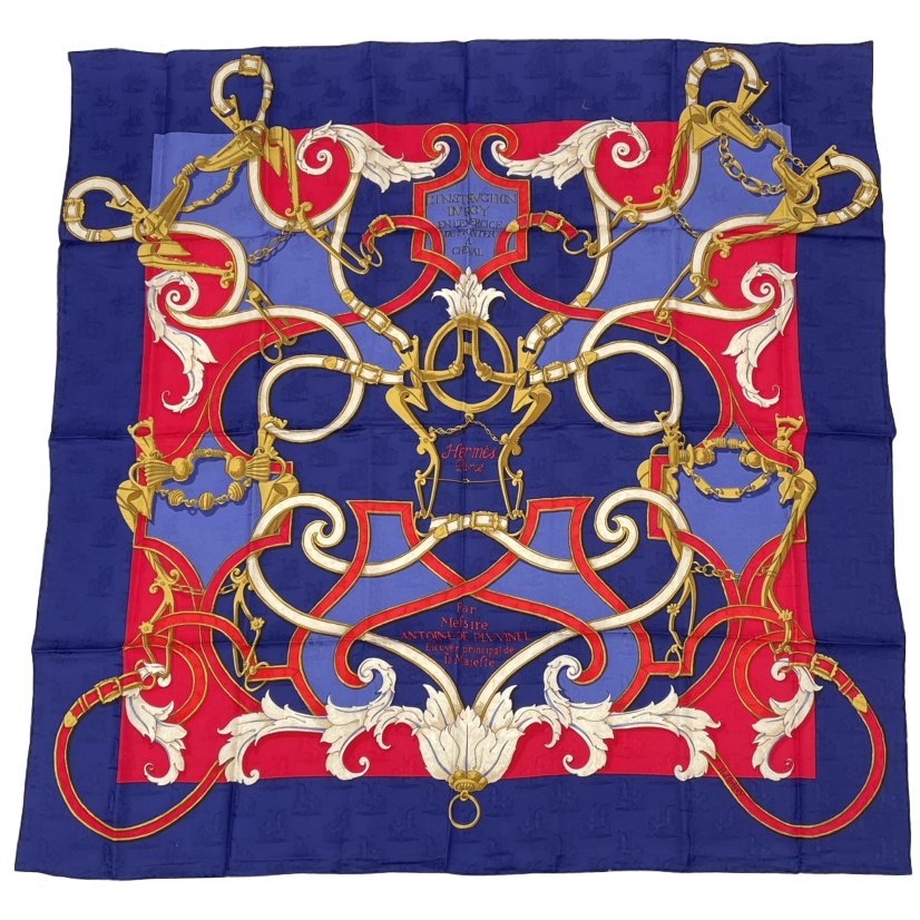 Hermes Carre 90 L'instruction du Roy Imperial Science Blue Red Silk Scarf