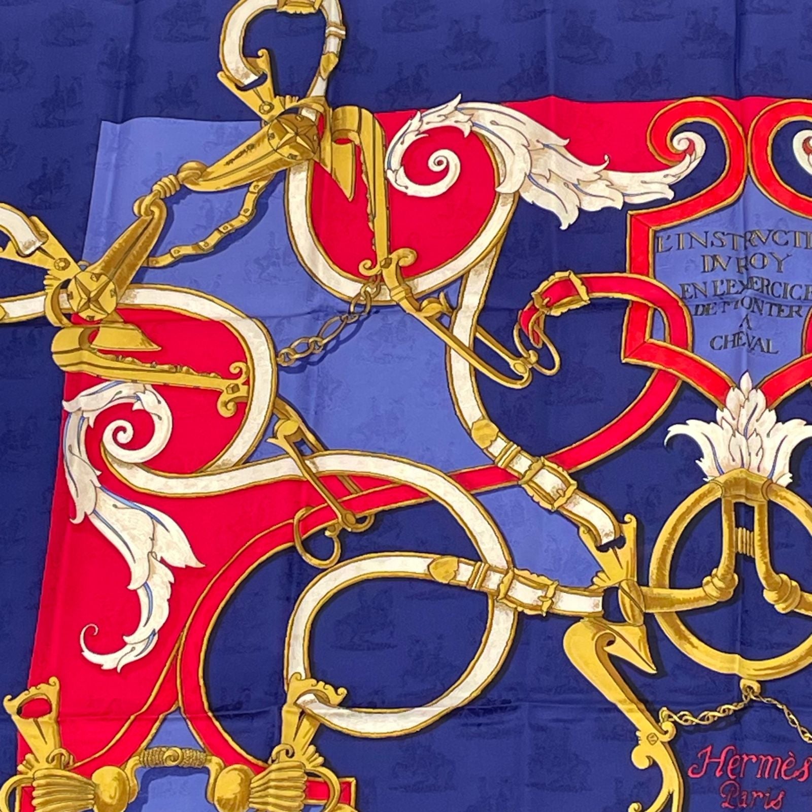 Hermes Carre 90 L'instruction du Roy Imperial Science Blue Red Silk Scarf — view 2