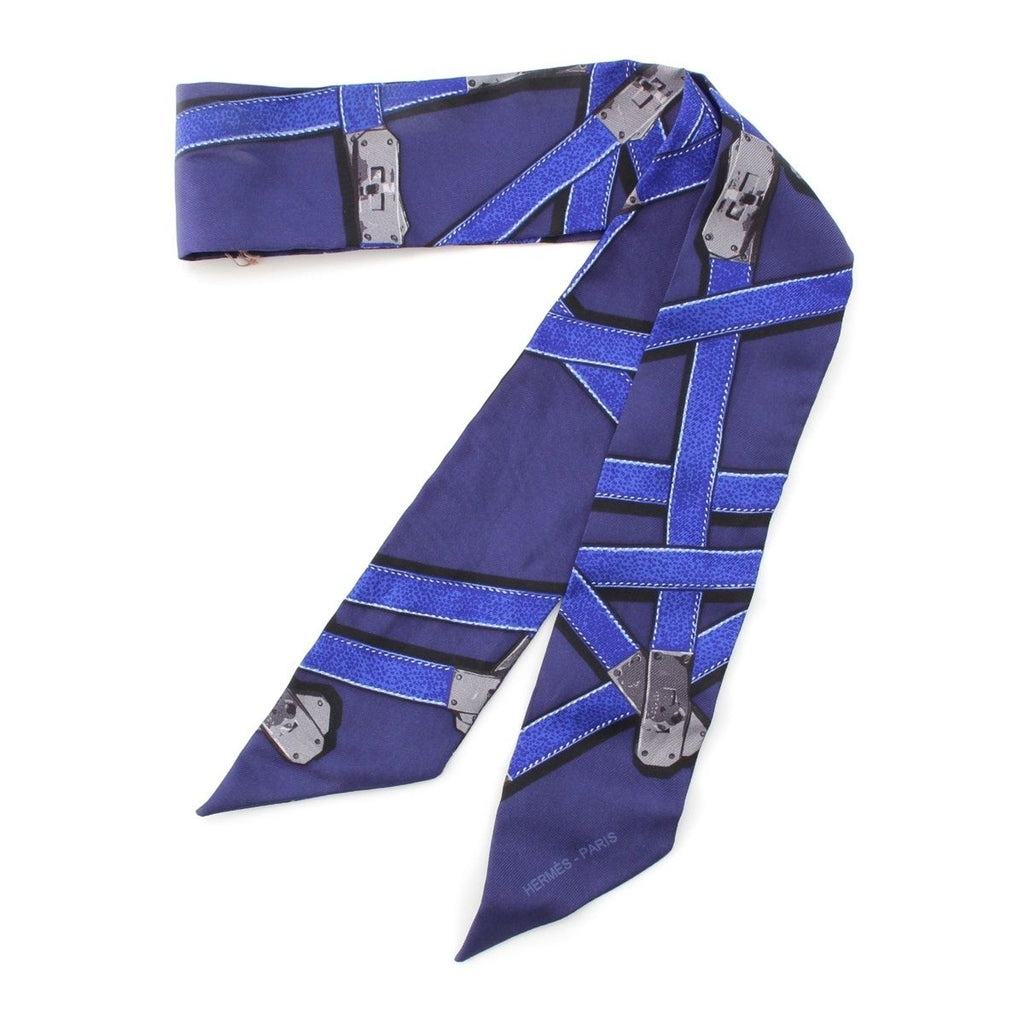 Hermes Twilly Silk Kelly Croam Motif Belt Pattern Scarf Blue