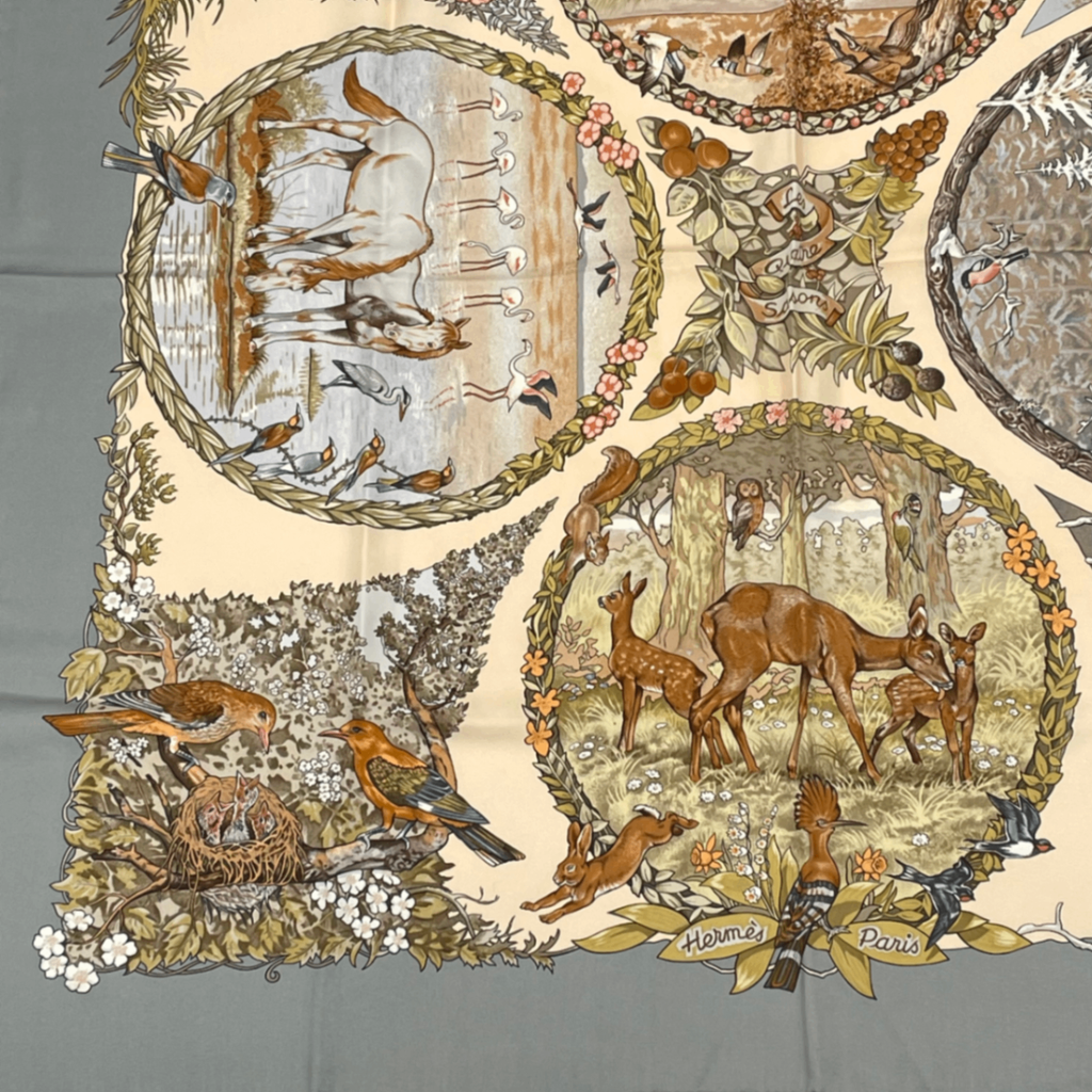 Hermes Carre 90 les Quatre Saisons Four Seasons Brown Animal Flower Scarf Silk — view 4