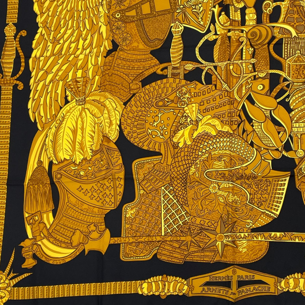 Hermes Carre 90 Armets en Panache Feathered Cavalry Helmet Black Gold Scarf Silk — view 4