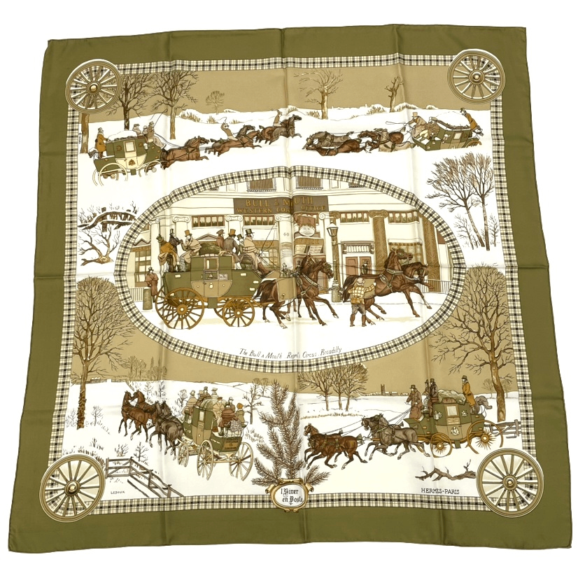 Hermes Scarf Carre 90 Lhiver en Poste Winter Mail Carriage Silk 100% Brown