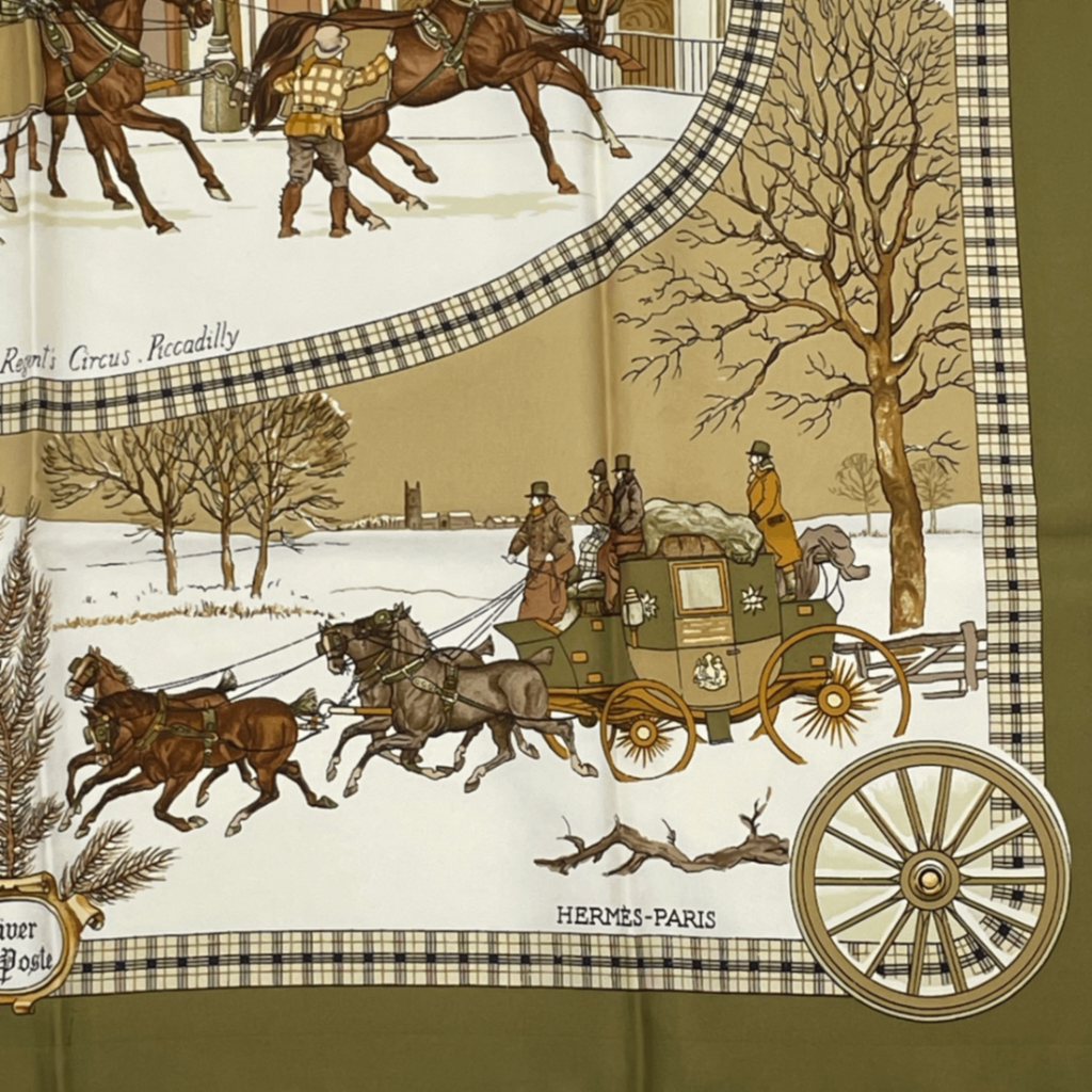 Hermes Scarf Carre 90 Lhiver en Poste Winter Mail Carriage Silk 100% Brown — view 5