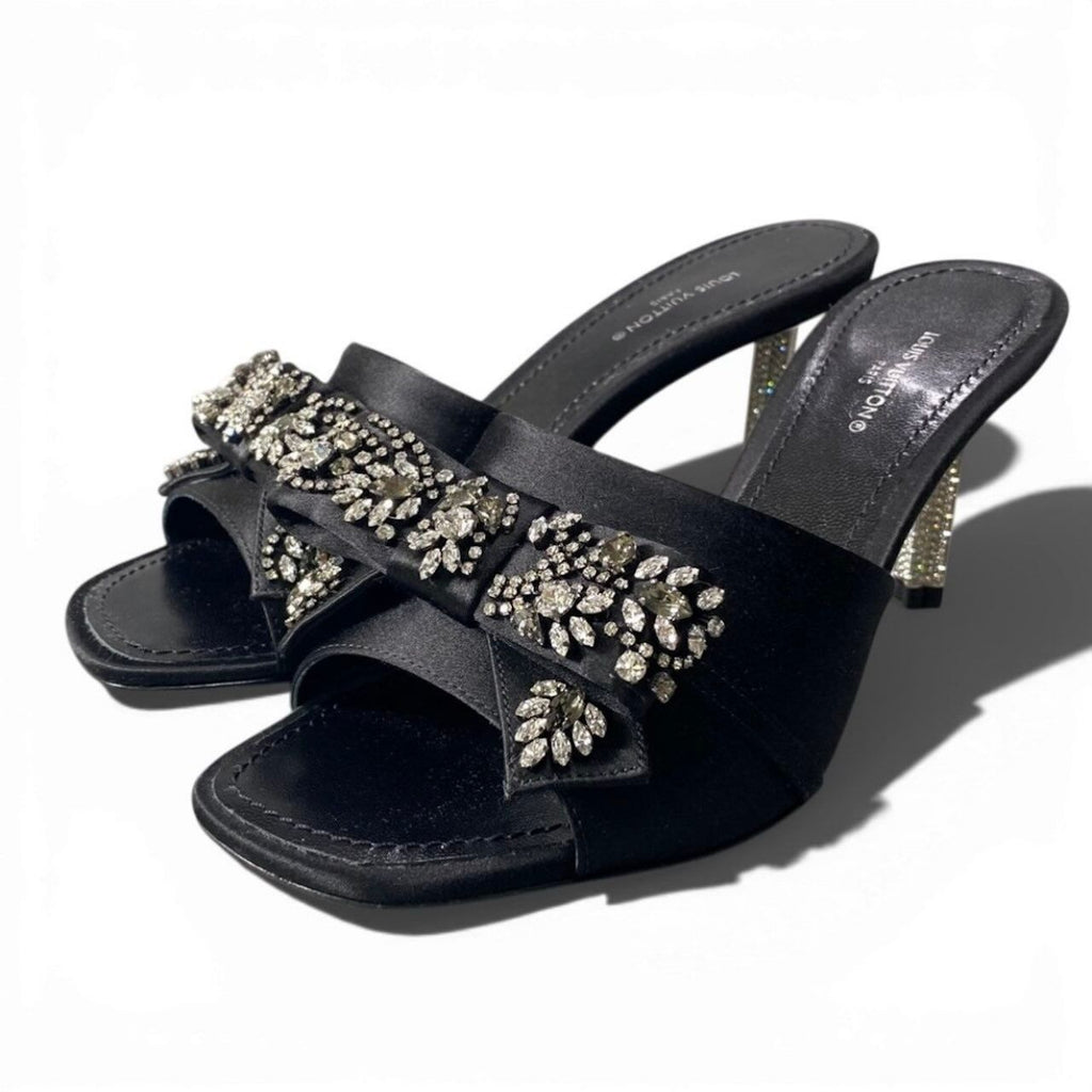 Louis Vuitton Bijou Rhinestone Diva Black Satin Leather Mules