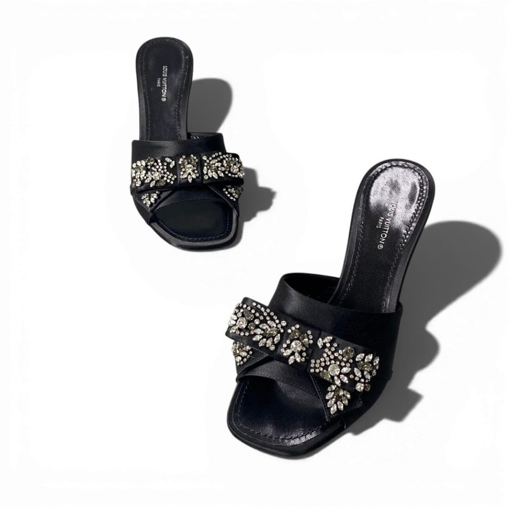 Louis Vuitton Bijou Rhinestone Diva Black Satin Leather Mules — view 4