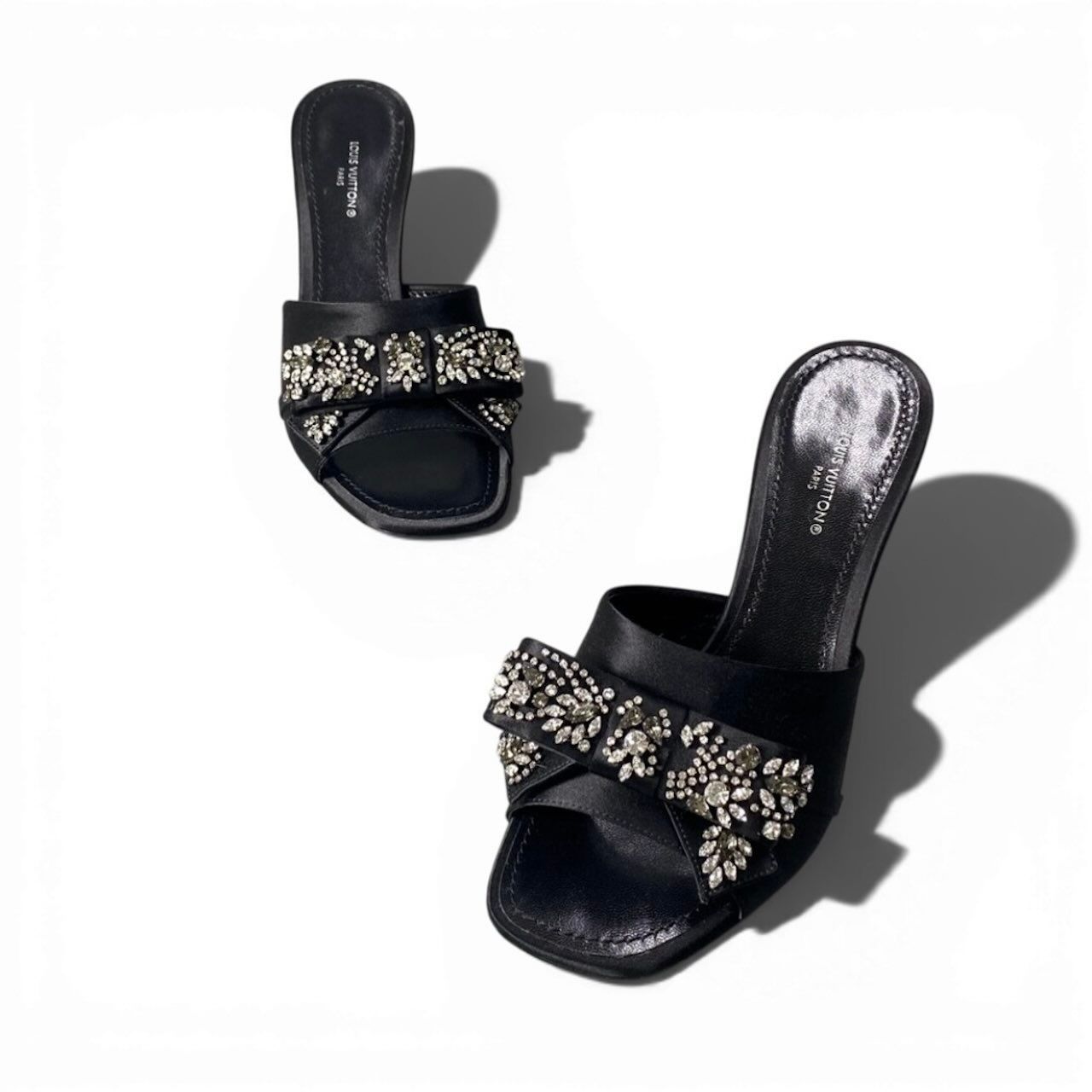 Louis Vuitton Bijou Rhinestone Diva Black Satin Leather Mules — view 4