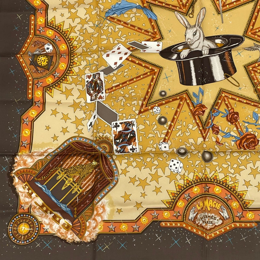 Hermes Carre 90 la Magie Magic Rabbit Pigeon Clown Silk Brown Scarf — view 4