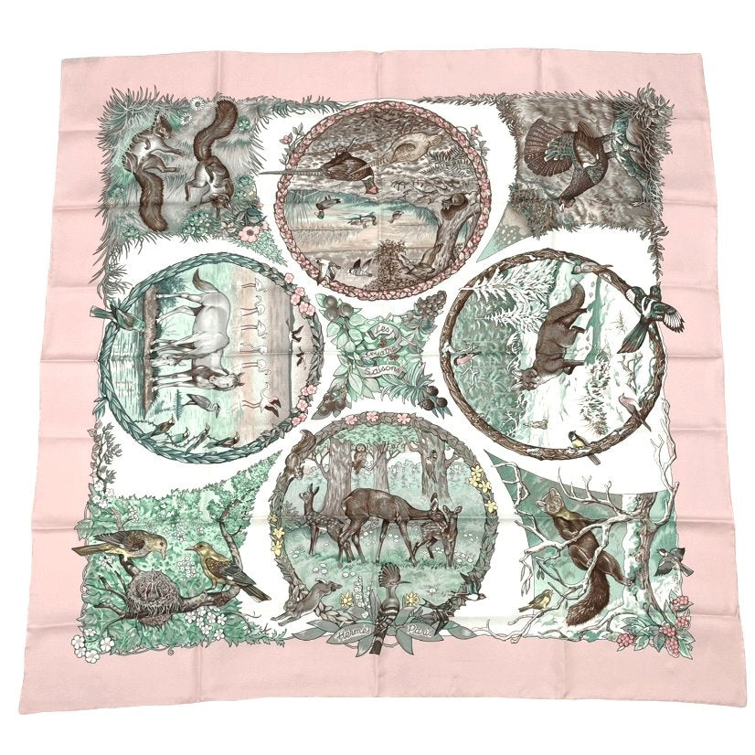 Hermes Carre 90 Les Quatre Saisons Four Seasons Brown Animal Flower Scarf Silk