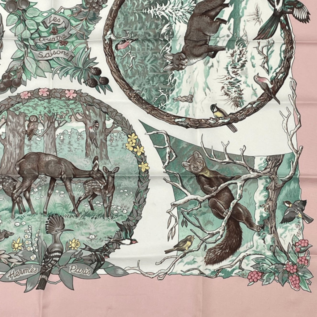 Hermes Carre 90 Les Quatre Saisons Four Seasons Brown Animal Flower Scarf Silk