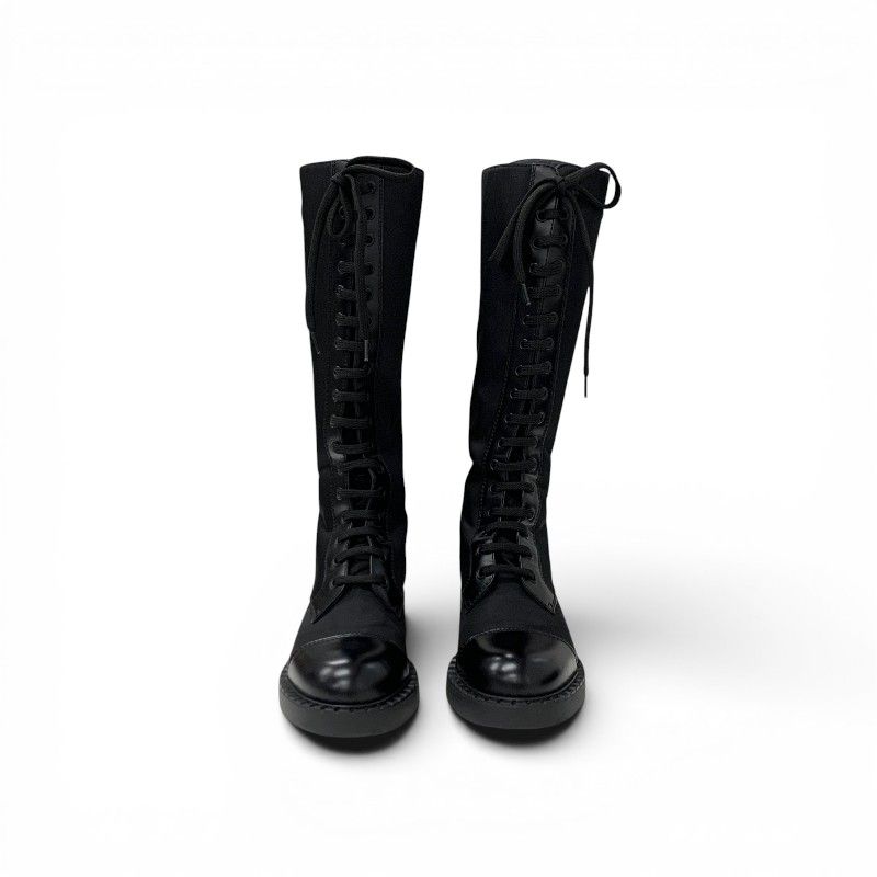 Prada Boots Long Shoes Nylon Leather Black Re-Nylon Triangle Logo Lace — view 2