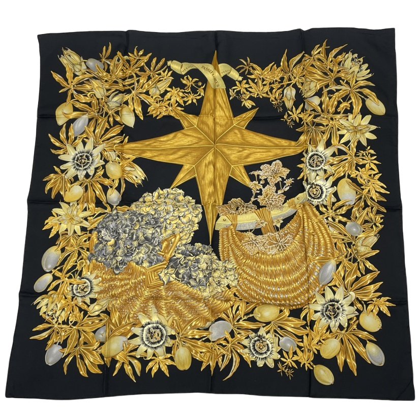 Hermes Carre 90 Passiflores Passion Flower Black Silk 100% Scarf