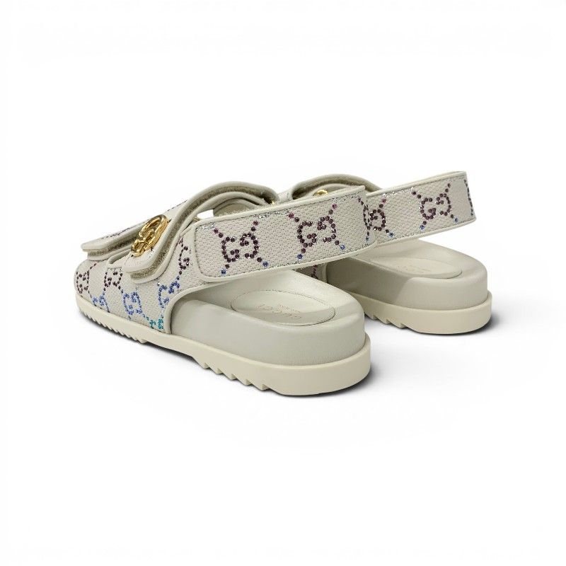 Gucci Double Sandals Shoes Fabric Leather Ivory Multicolor GG Marmont Rhinestone — view 4