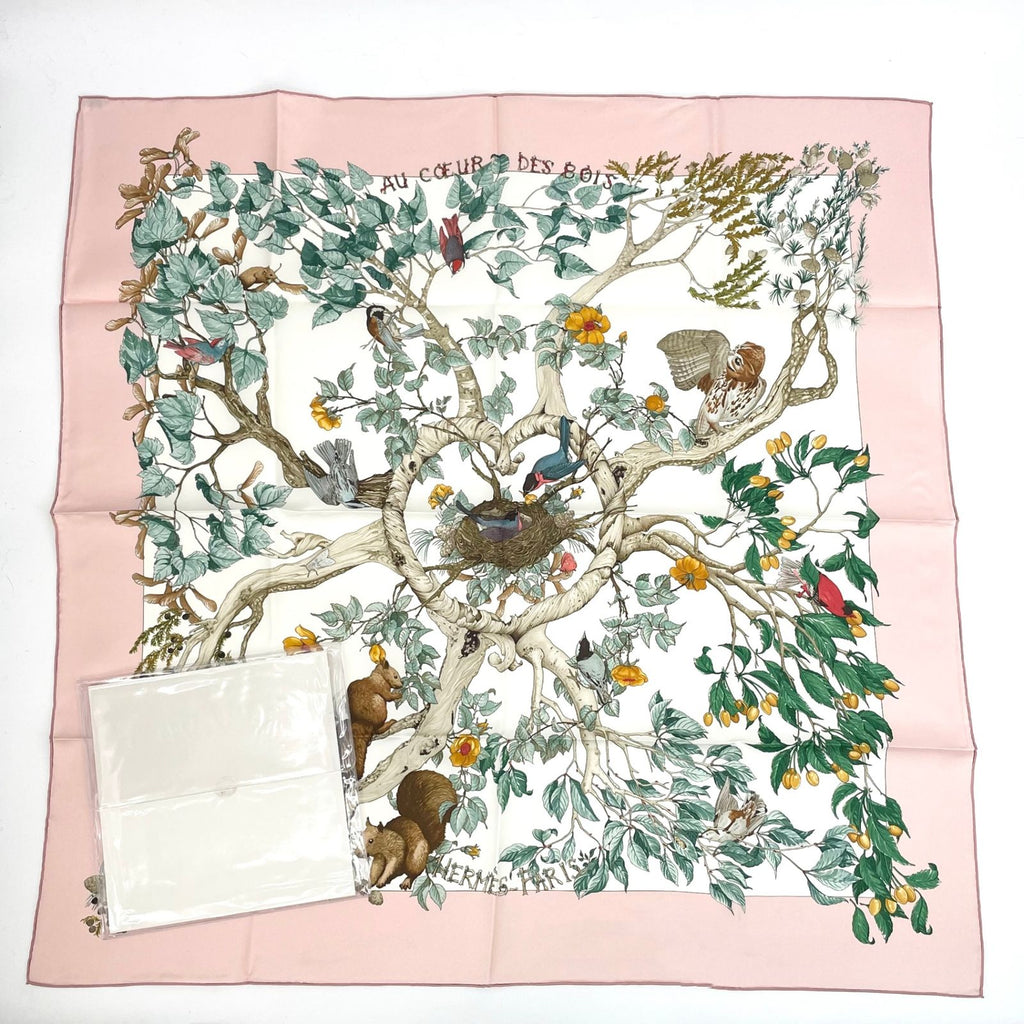 Hermes Carre 90 AU Coeur Des Bois in the Forest Scarf Silk Pink