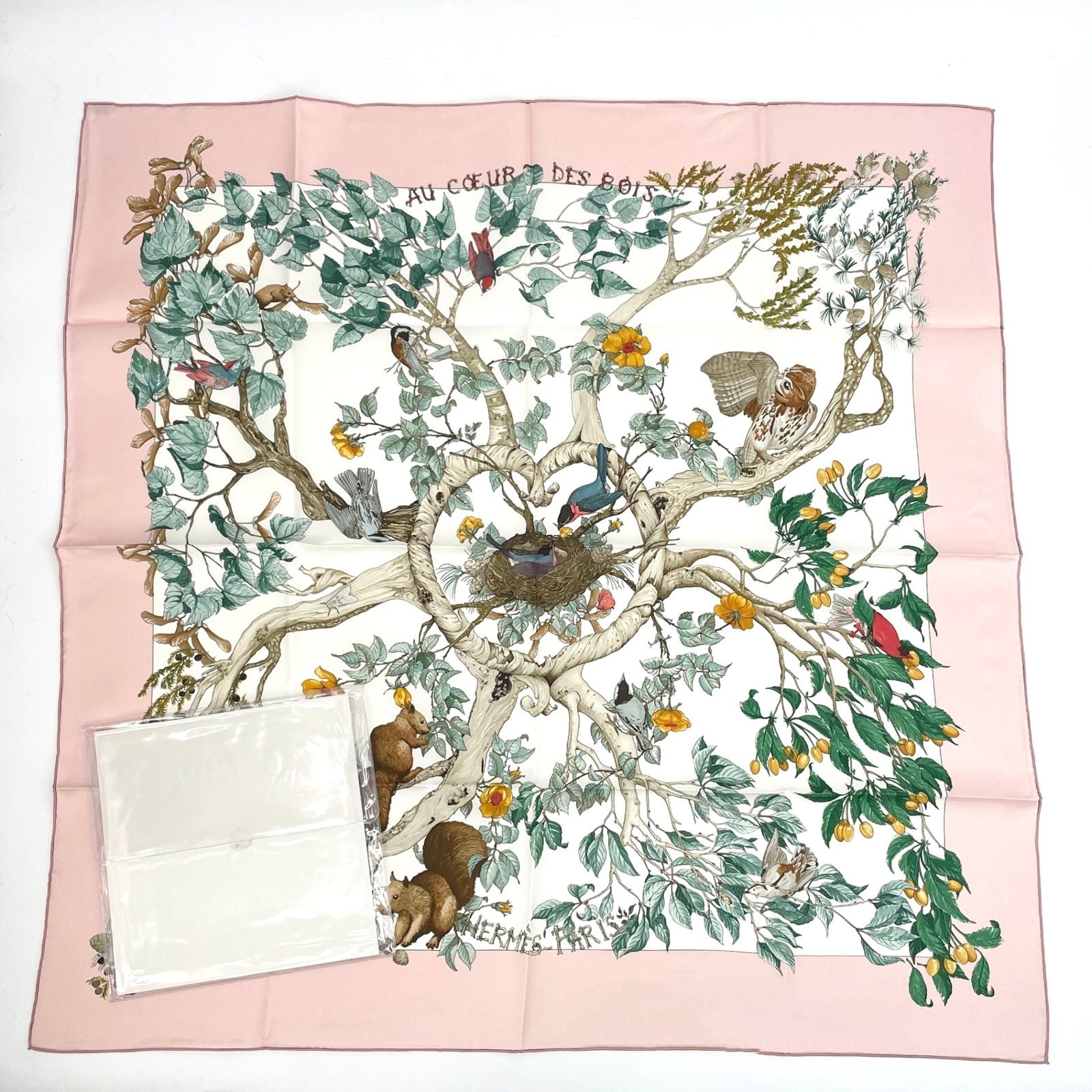 Hermes Carre 90 AU Coeur Des Bois in the Forest Scarf Silk Pink