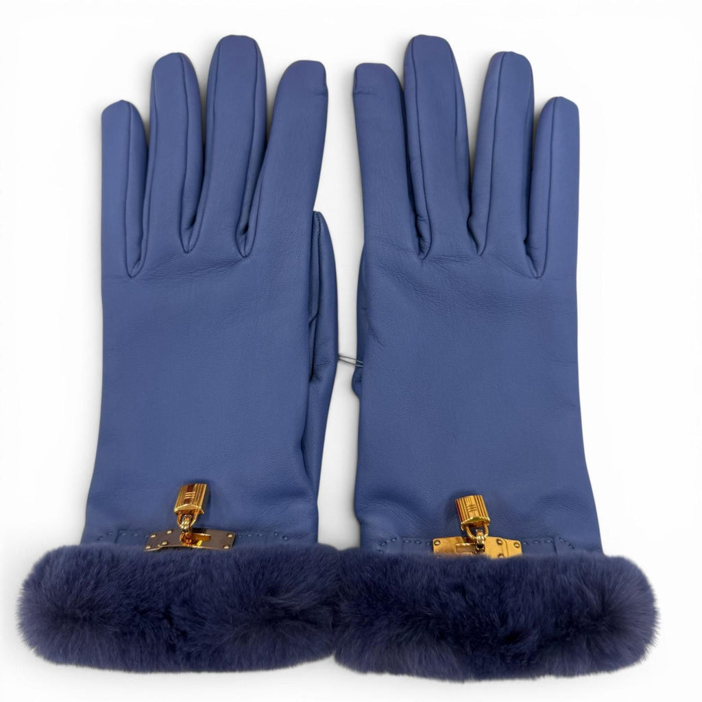 Hermes Kelly Gloves Lambskin Mink Gold Leather Blue 7.5 — view 3