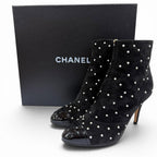 Chanel Suede Leather CC Logo Pearl Decoration Ankle Boots Black — view 2