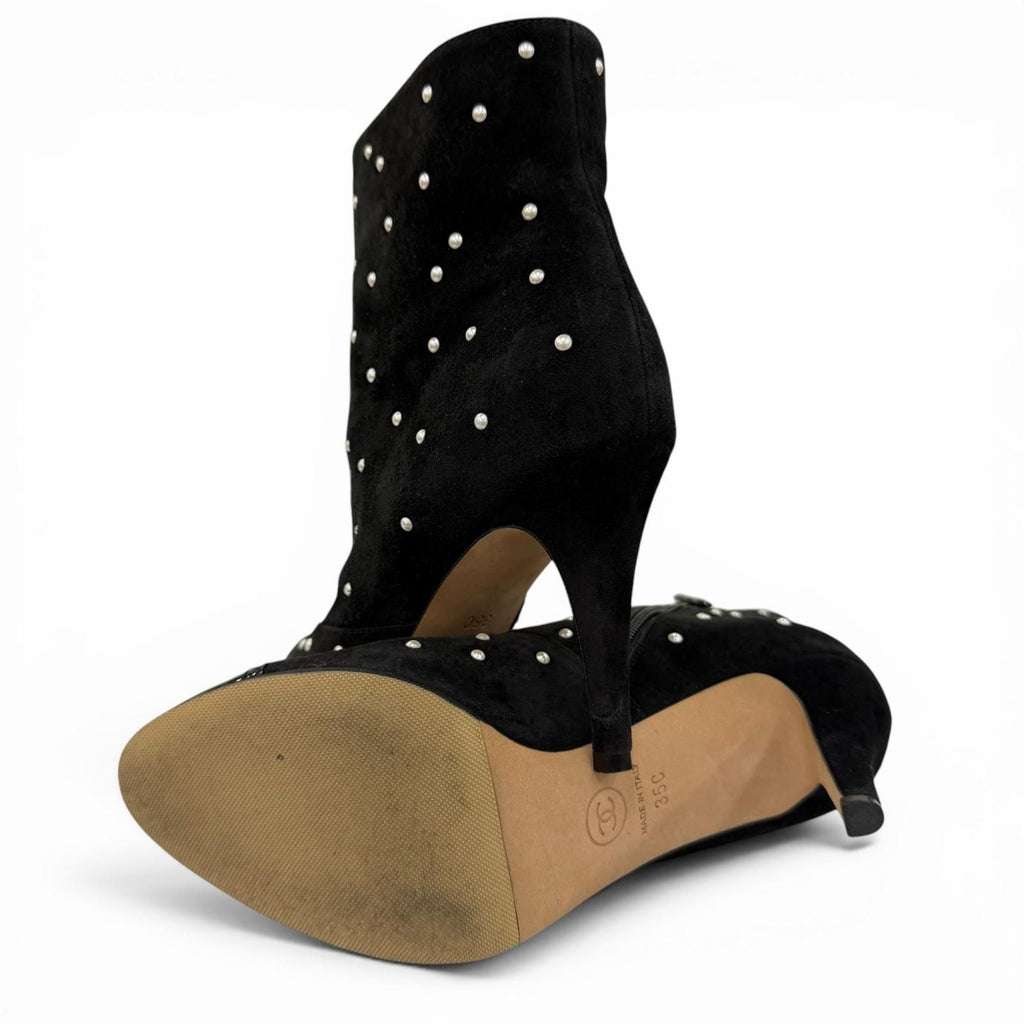 Chanel Suede Leather CC Logo Pearl Decoration Ankle Boots Black — view 7