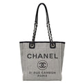 Chanel Deauville Tote PM Raffia Gray Silver Chain