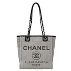 Chanel Deauville Tote PM Raffia Gray Silver Chain