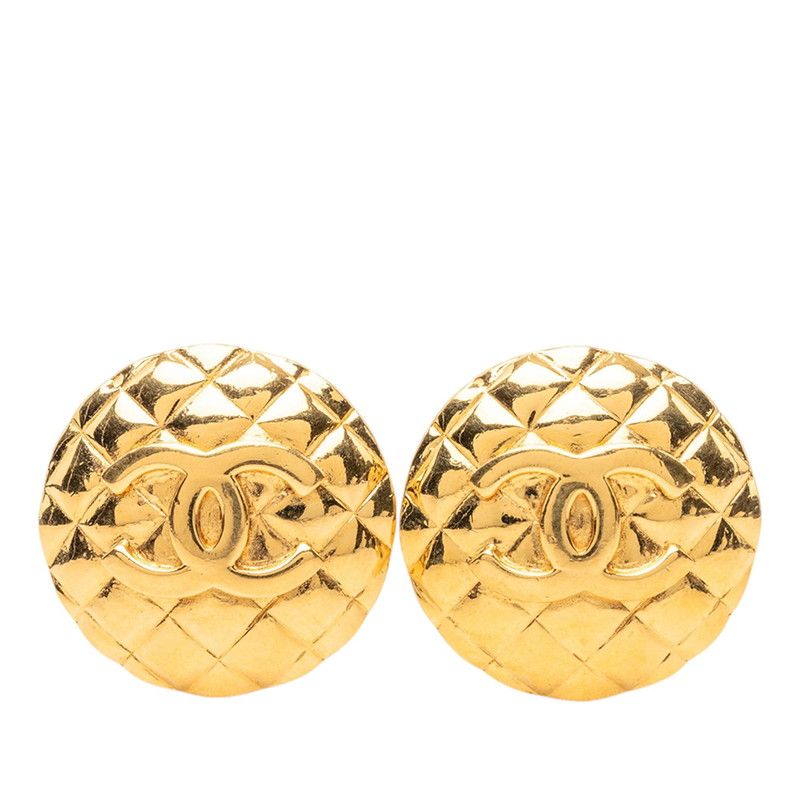 Chanel CC Logo Quilted Round Earrings Gold Plated