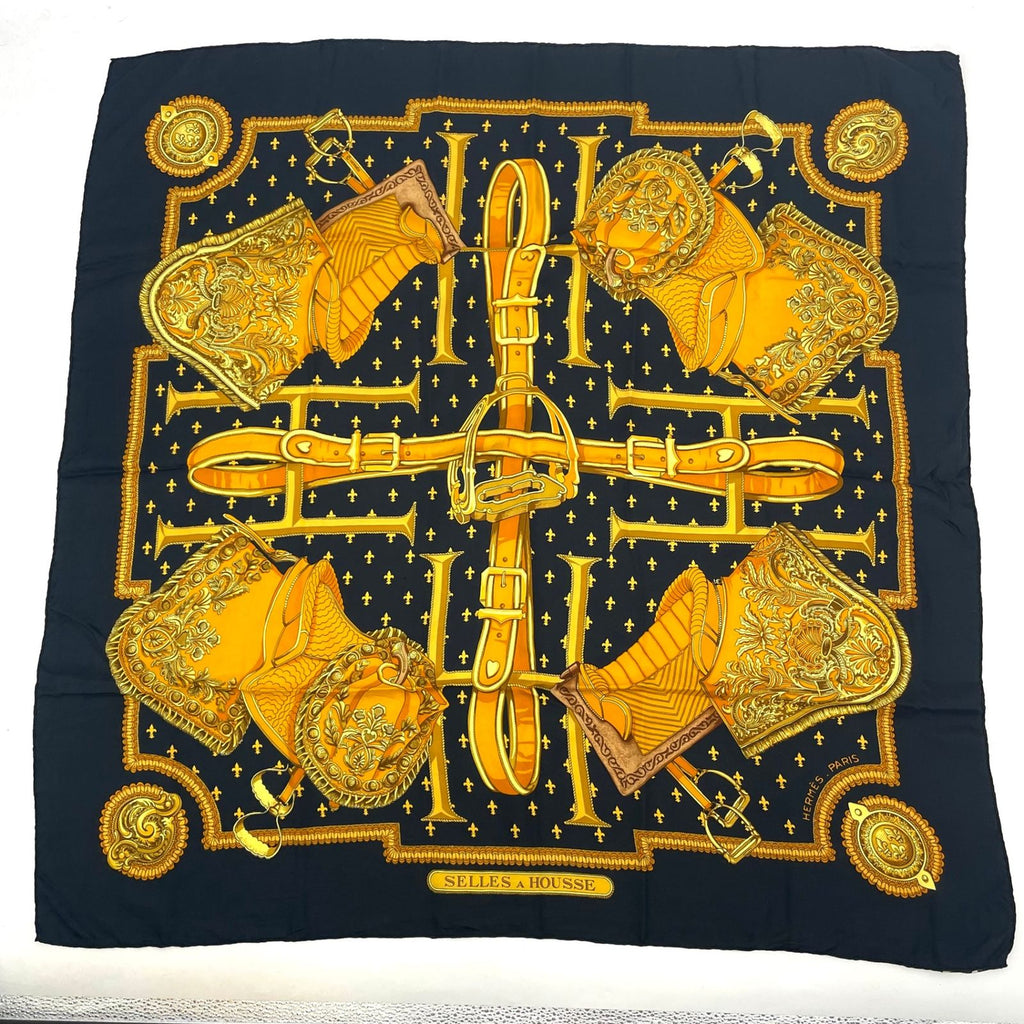 Hermes Carre 90 Selles a Housse Cover Scarf Silk Black