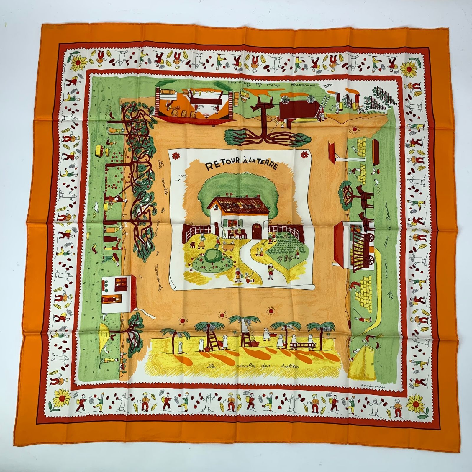 Hermes Carre 90 RE Tour a la Terre Return Silk Scarf Orange