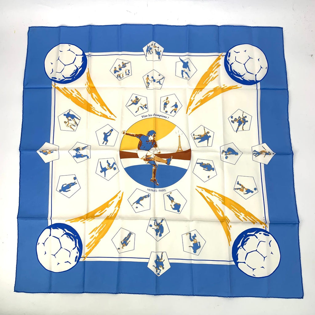 Hermes Scarf Silk Carre 90 Vive les Champions! Viva Soccer Blue
