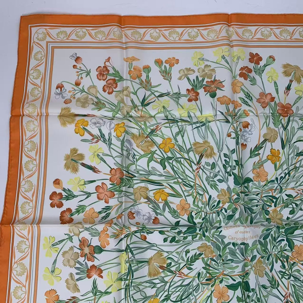 Hermes Carre 90 Wild Carnation and Dianthus Silk Scarf Orange — view 2