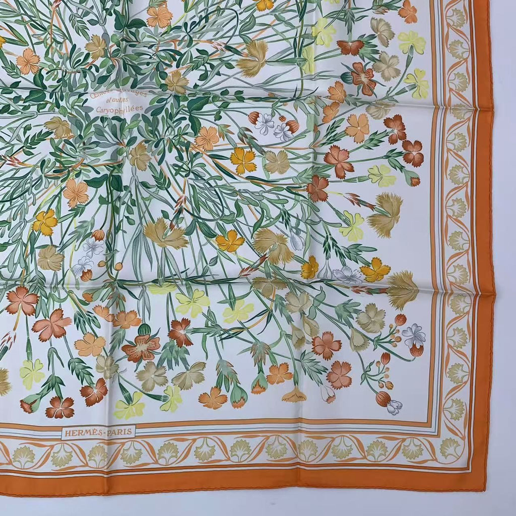 Hermes Carre 90 Wild Carnation and Dianthus Silk Scarf Orange — view 5