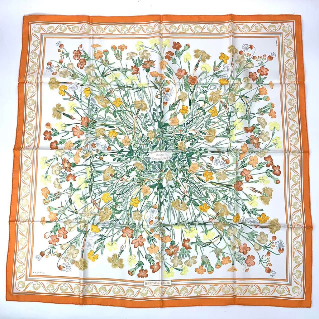 Hermes Carre 90 Wild Carnation and Dianthus Silk Scarf Orange