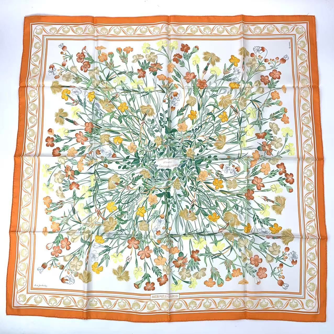 Hermes Carre 90 Wild Carnation and Dianthus Silk Scarf Orange