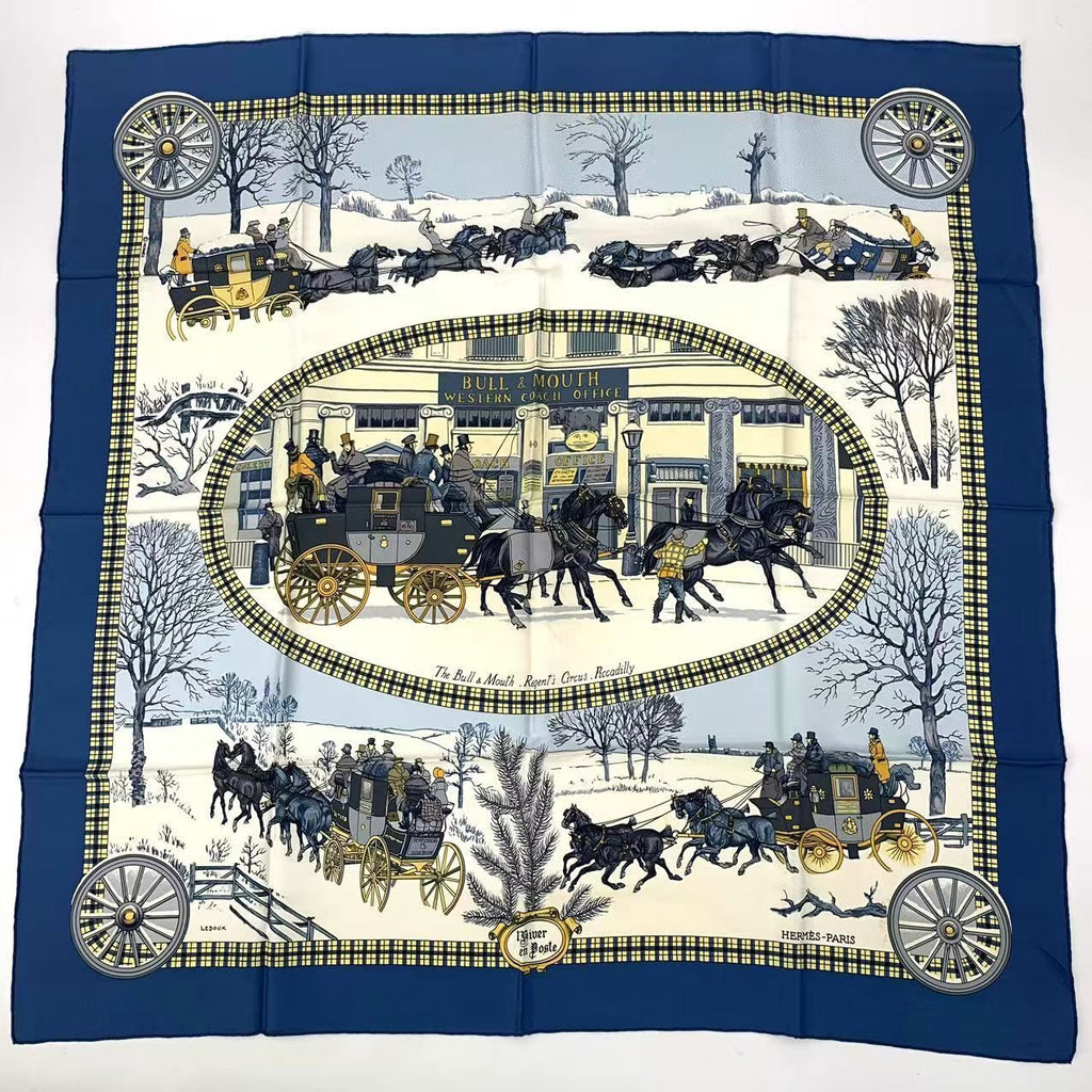 Hermes Carre 90 Mail Lhiver en Poste Scarf Silk Blue