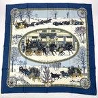 Hermes Carre 90 Mail Lhiver en Poste Scarf Silk Blue