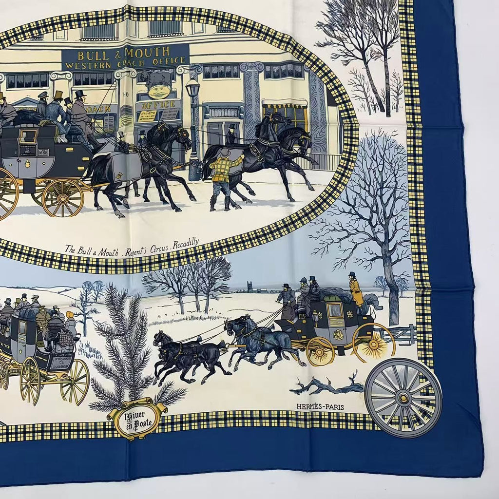 Hermes Carre 90 Mail Lhiver en Poste Scarf Silk Blue — view 5