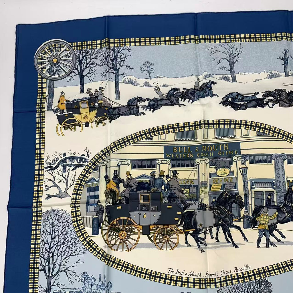 Hermes Carre 90 Mail Lhiver en Poste Scarf Silk Blue — view 2