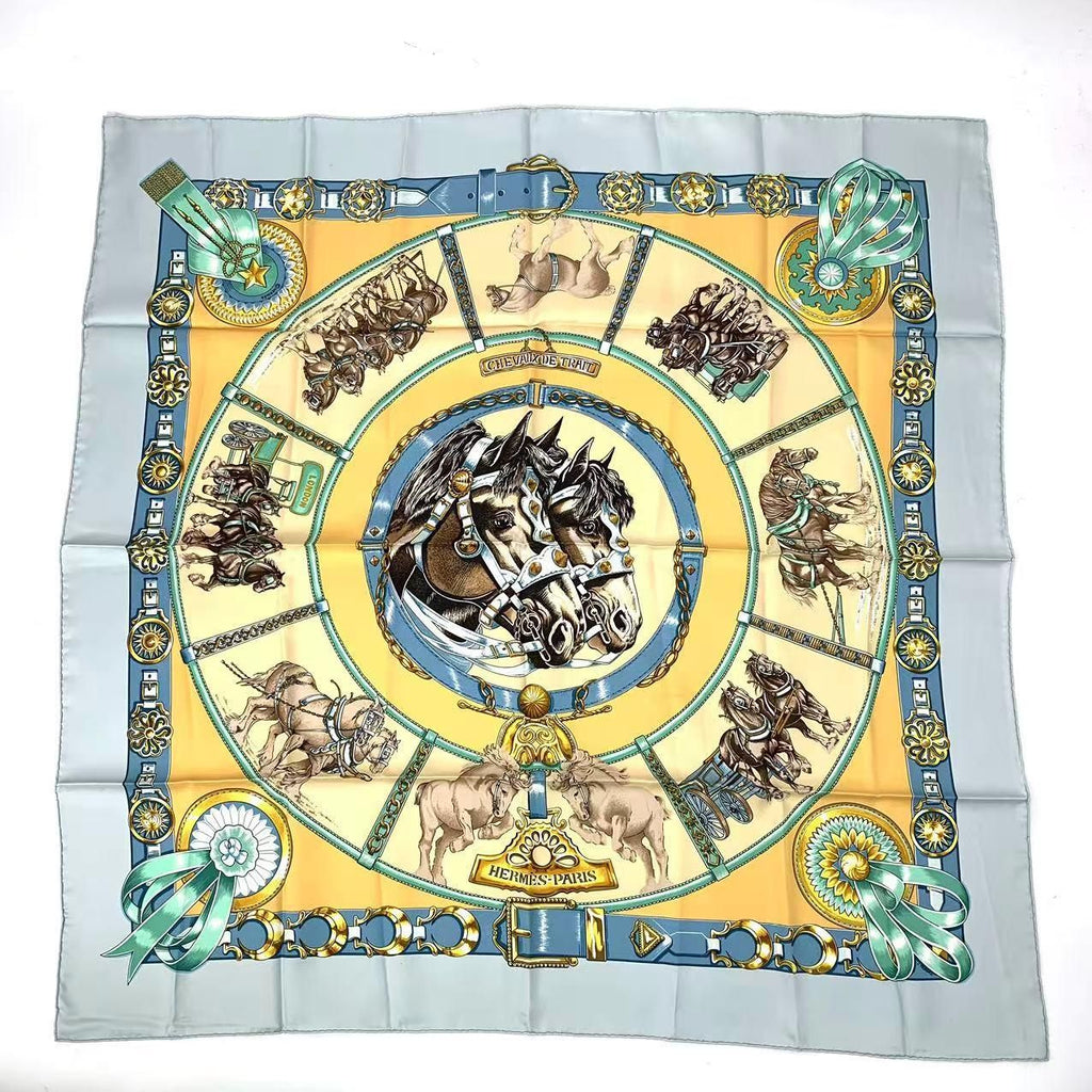 Hermes Carre 90 Chevaux de Trait Taima Silk Scarf Blue