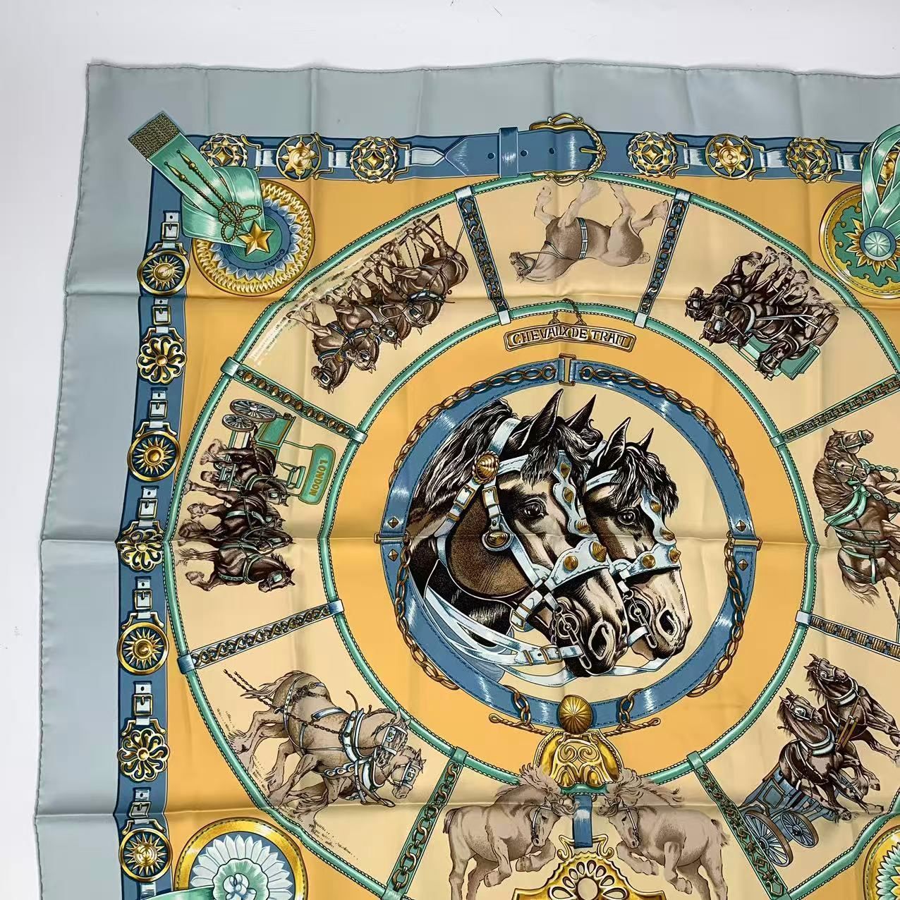 Hermes Carre 90 Chevaux de Trait Taima Silk Scarf Blue — view 2