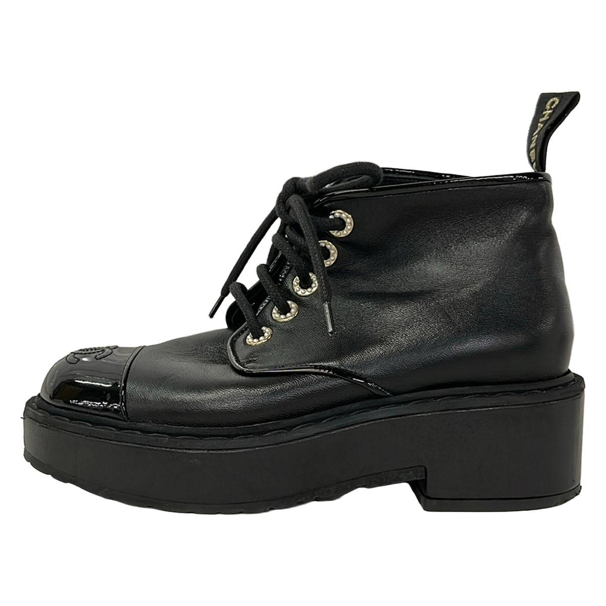 Chanel Short Boots 36 C Black CC Logo Pearl Leather Lambskin