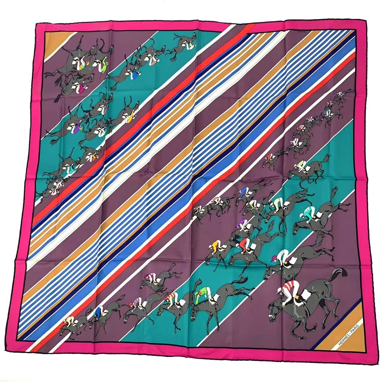 Hermes Carre 90 Lea Courses Horse Racing Silk Scarf Multicolor