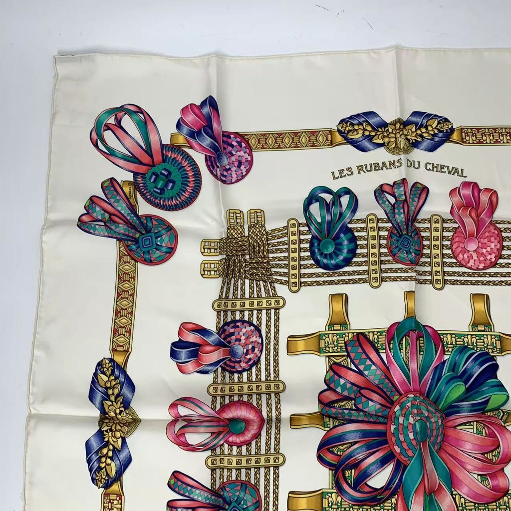 Hermes Scarf Carre 90 les Rubans du Cheval Horse Ribbon Silk White — view 2