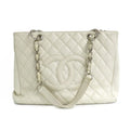 Chanel Grand Shopping Tote GST White Caviar Leather Silver Shoulder Bag CC Logo