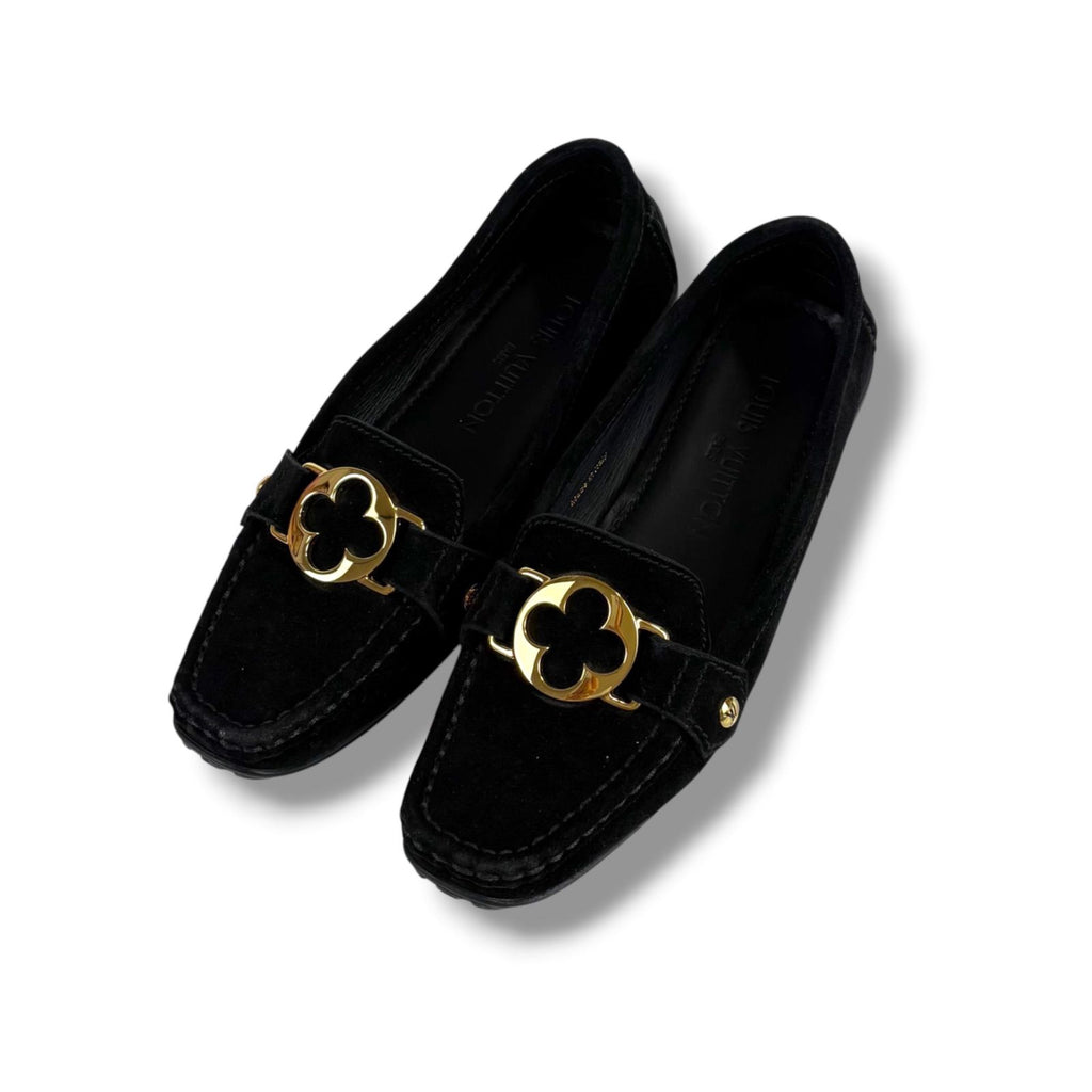 Louis Vuitton Flower Motif Loafers Driving Shoes Black Noir Suede Leather — view 3