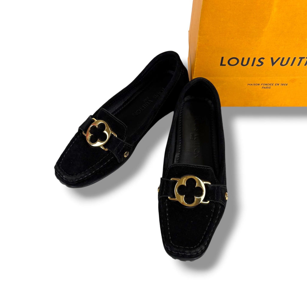 Louis Vuitton Flower Motif Loafers Driving Shoes Black Noir Suede Leather